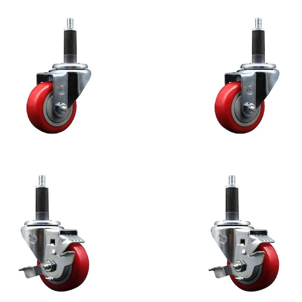 Service Caster 3'' SS Red Poly Wheel Swivel 1'' Expanding Stem Caster Set 2 Brakes, 4PK SCC-SSEX20S314-PPUB-RED-2-TLB-2-1 - main